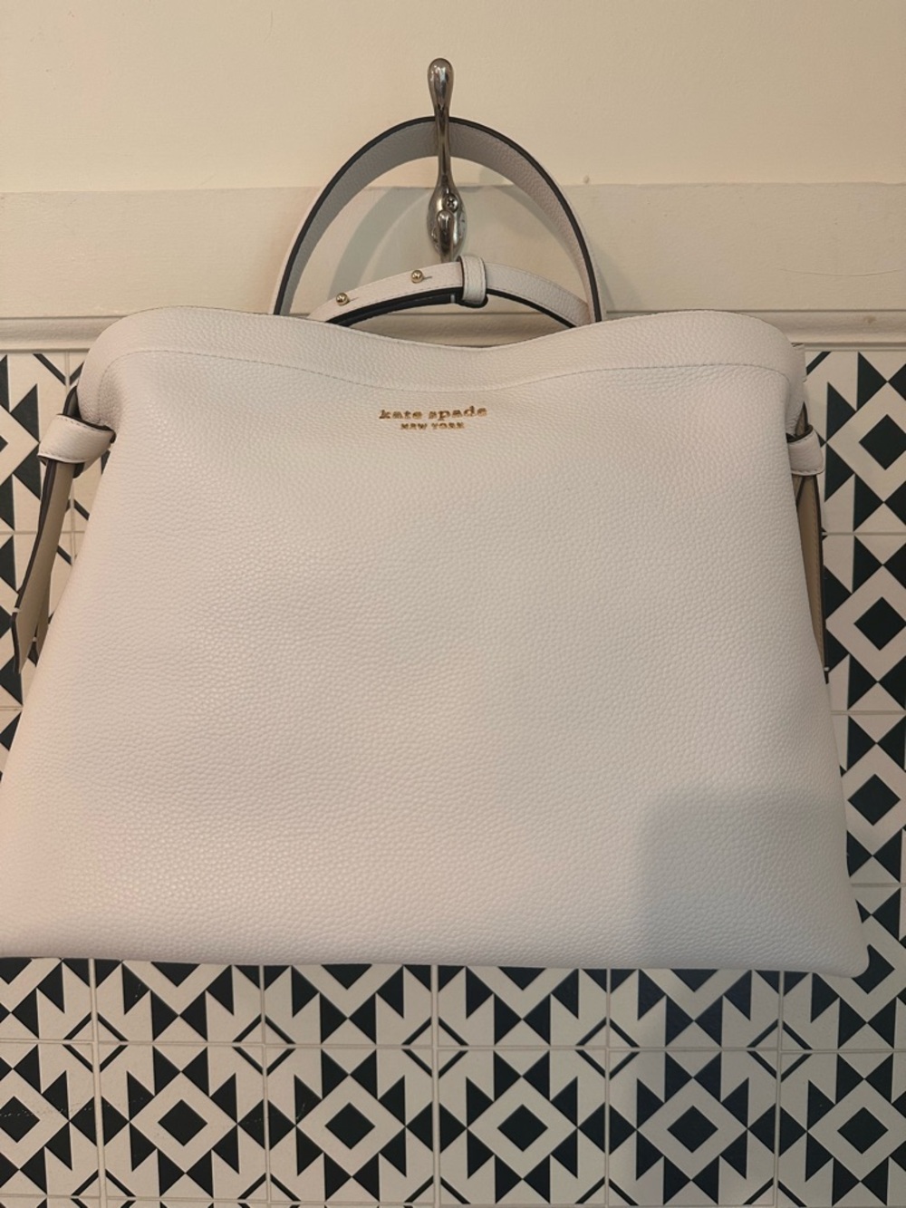 kate spade White Pebbled Leather Top-Handle Tote with Gold Logo